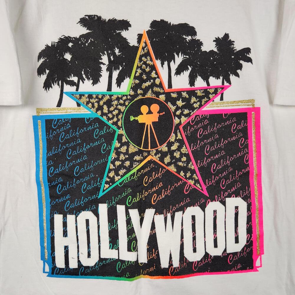 Vintage Hollywood California Shirt Mens White Neon Graphic Movie Star Palm Tree